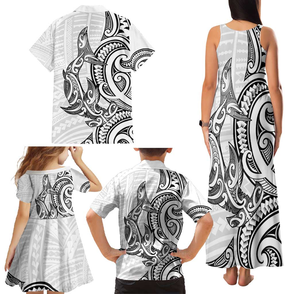 New Zealand Hammerhead Shark Family Matching Tank Maxi Dress and Hawaiian Shirt Maori Haehae Mangopare White LT14 - Polynesian Pride