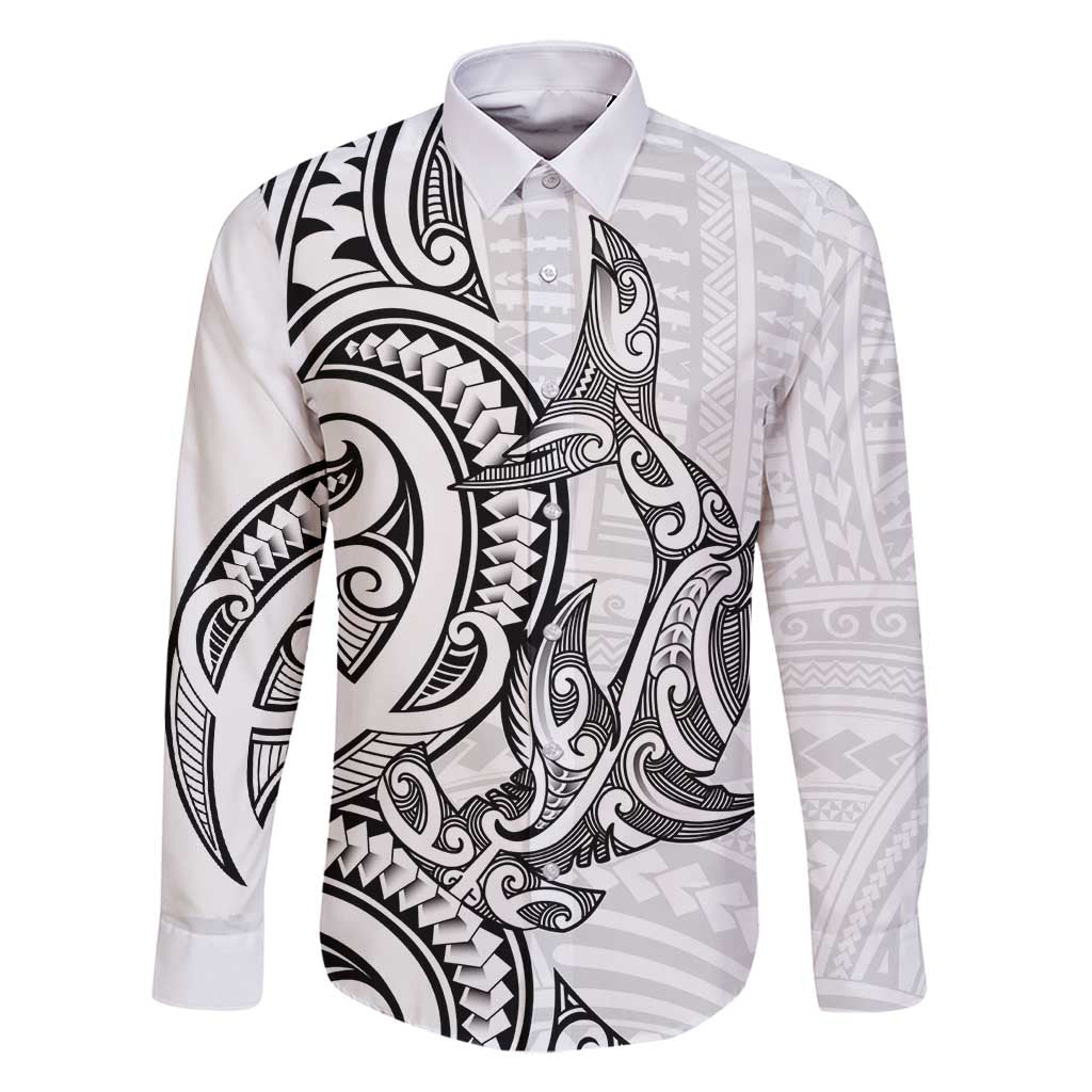 New Zealand Hammerhead Shark Family Matching Tank Maxi Dress and Hawaiian Shirt Maori Haehae Mangopare White LT14 Dad's Shirt - Long Sleeve White - Polynesian Pride