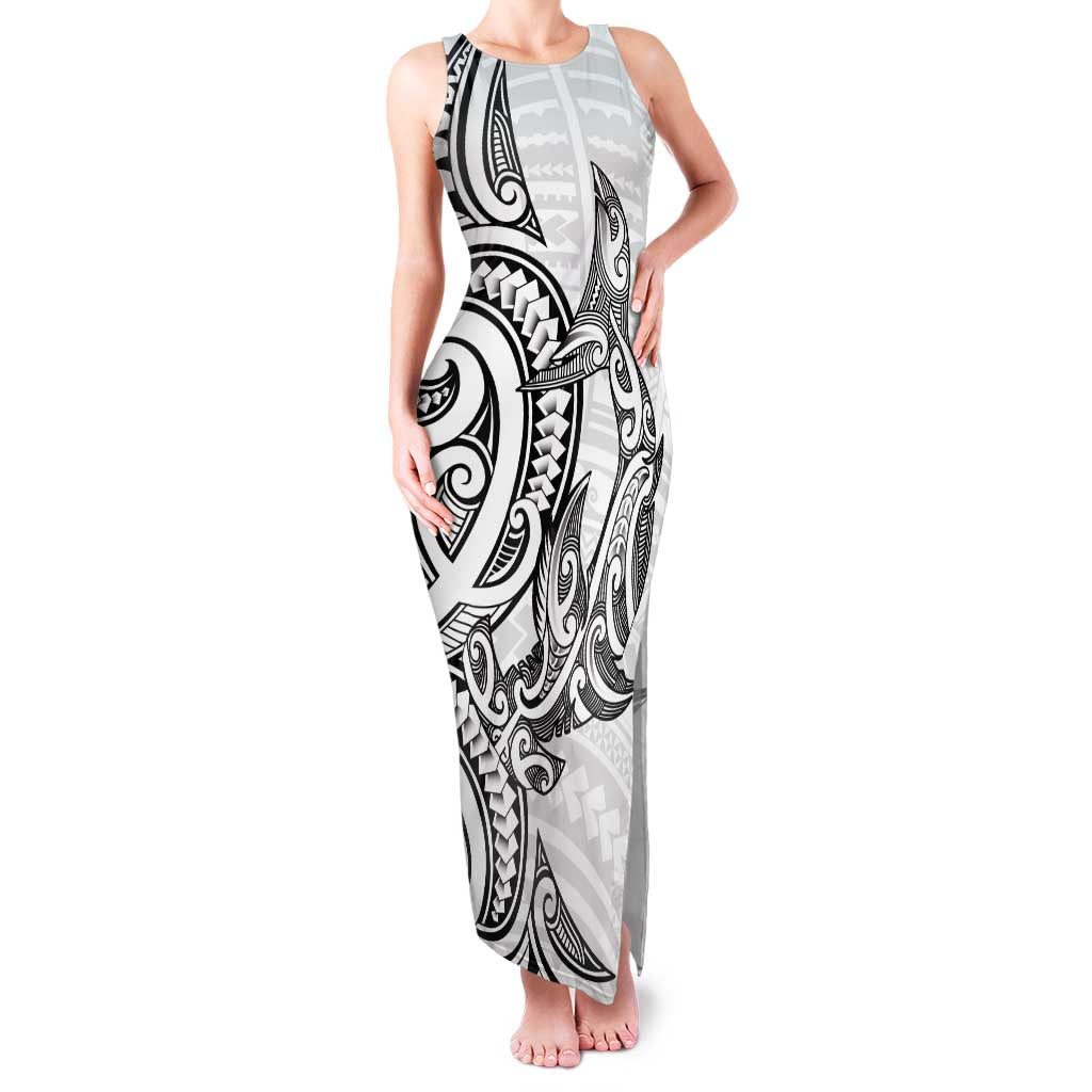 New Zealand Hammerhead Shark Family Matching Tank Maxi Dress and Hawaiian Shirt Maori Haehae Mangopare White LT14 Mom's Dress White - Polynesian Pride