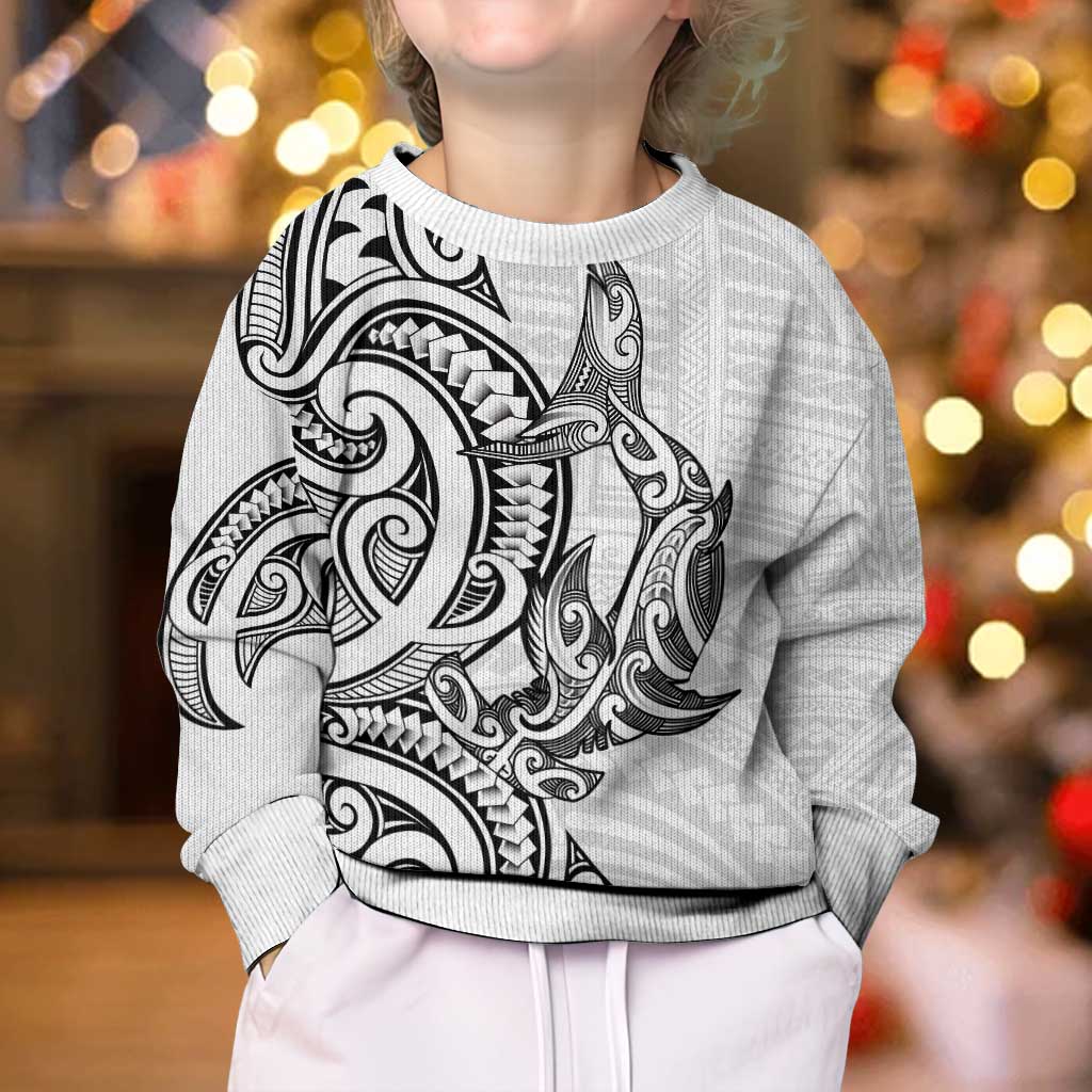 New Zealand Hammerhead Shark Kid Ugly Christmas Sweater Maori Haehae Mangopare White LT14 - Polynesian Pride