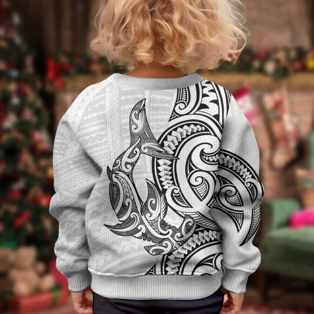 New Zealand Hammerhead Shark Kid Ugly Christmas Sweater Maori Haehae Mangopare White LT14 - Polynesian Pride