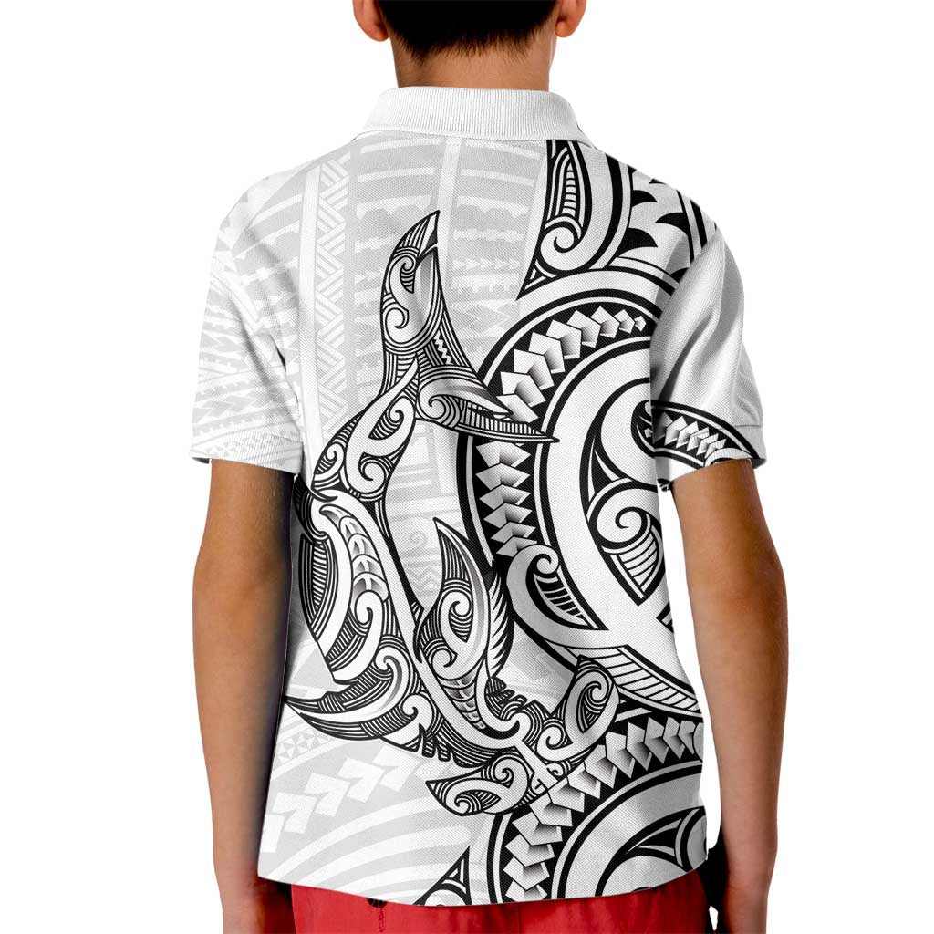 New Zealand Hammerhead Shark Kid Polo Shirt Maori Haehae Mangopare White LT14 - Polynesian Pride