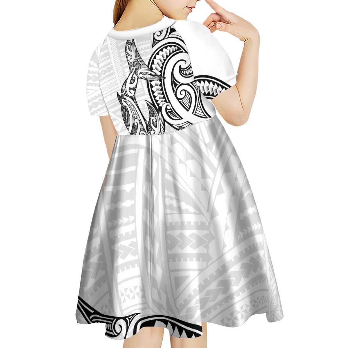 New Zealand Hammerhead Shark Kid Short Sleeve Dress Maori Haehae Mangopare White LT14 - Polynesian Pride