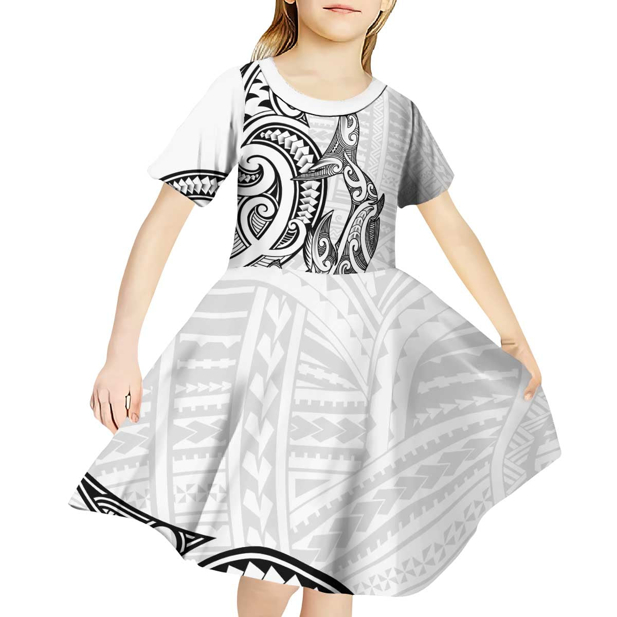 New Zealand Hammerhead Shark Kid Short Sleeve Dress Maori Haehae Mangopare White LT14 - Polynesian Pride