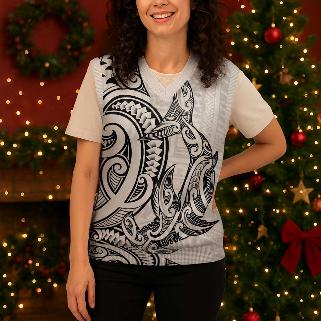 New Zealand Hammerhead Shark Christmas Knitted V-Neck Vest Maori Haehae Mangopare White LT14 - Polynesian Pride