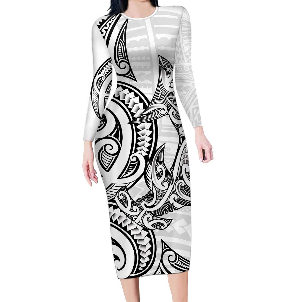 New Zealand Hammerhead Shark Long Sleeve Bodycon Dress Maori Haehae Mangopare White LT14 Long Dress White - Polynesian Pride