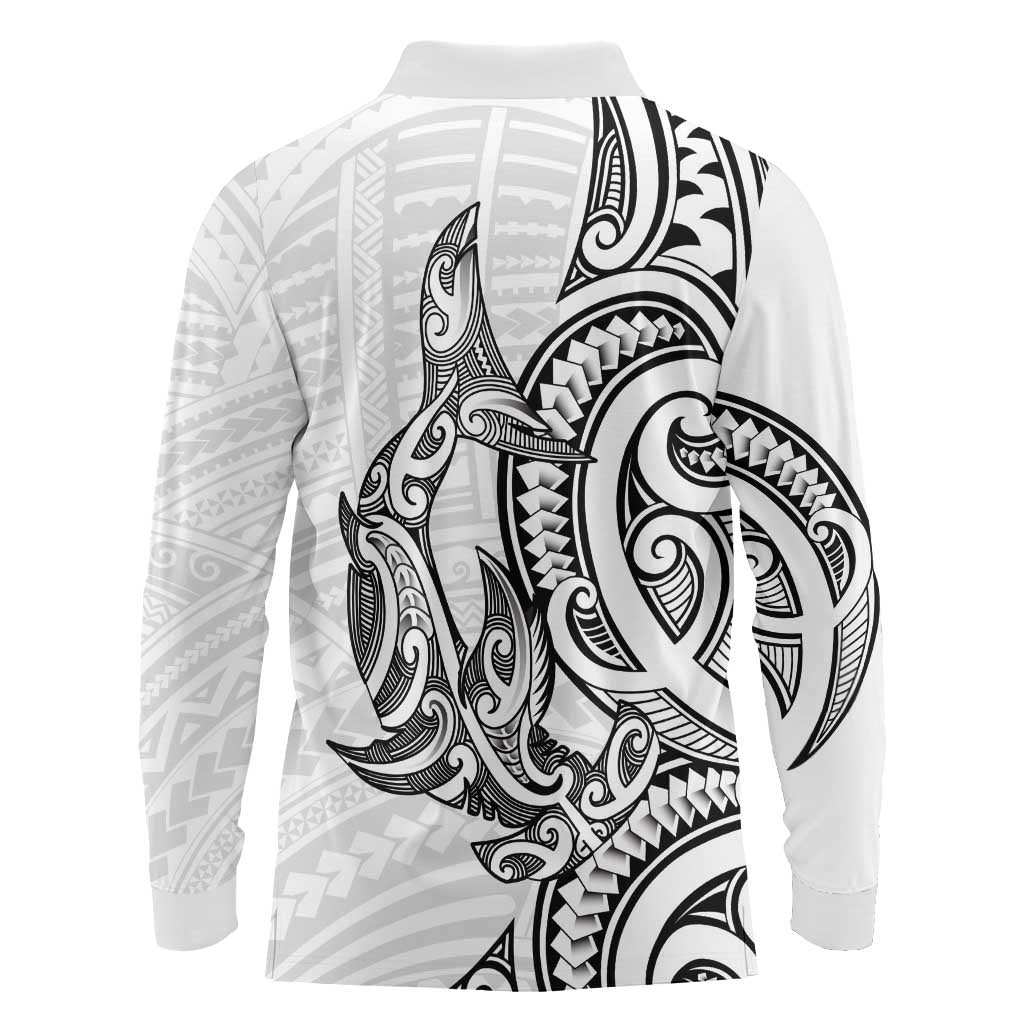New Zealand Hammerhead Shark Long Sleeve Polo Shirt Maori Haehae Mangopare White LT14 - Polynesian Pride