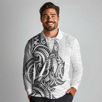 New Zealand Hammerhead Shark Long Sleeve Polo Shirt Maori Haehae Mangopare White LT14 - Polynesian Pride