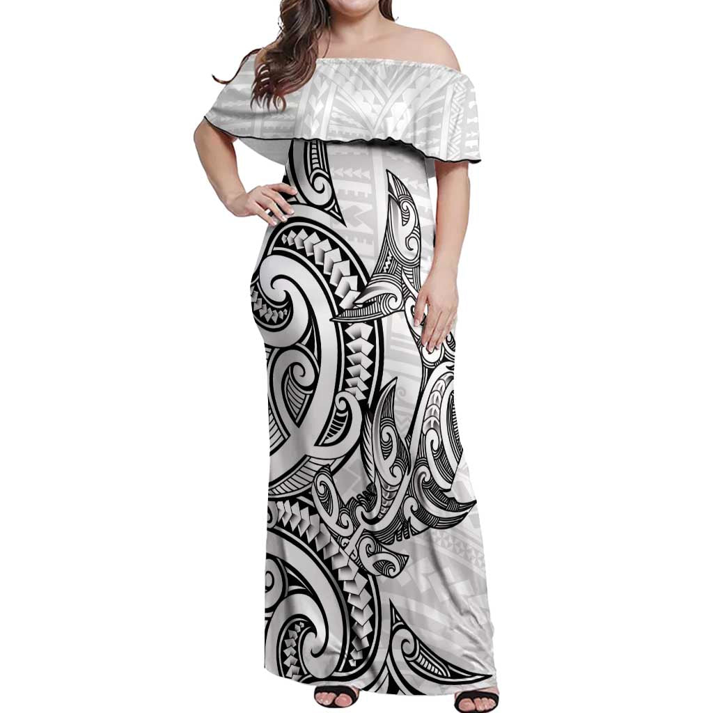 New Zealand Hammerhead Shark Off Shoulder Maxi Dress Maori Haehae Mangopare White LT14 Women White - Polynesian Pride