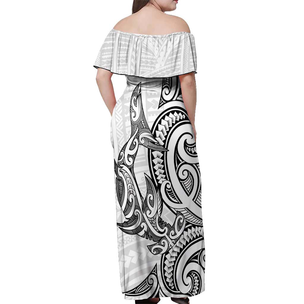 New Zealand Hammerhead Shark Off Shoulder Maxi Dress Maori Haehae Mangopare White LT14 - Polynesian Pride