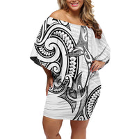 New Zealand Hammerhead Shark Off Shoulder Short Dress Maori Haehae Mangopare White LT14 Women White - Polynesian Pride
