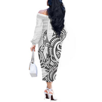New Zealand Hammerhead Shark Off The Shoulder Long Sleeve Dress Maori Haehae Mangopare White LT14 - Polynesian Pride