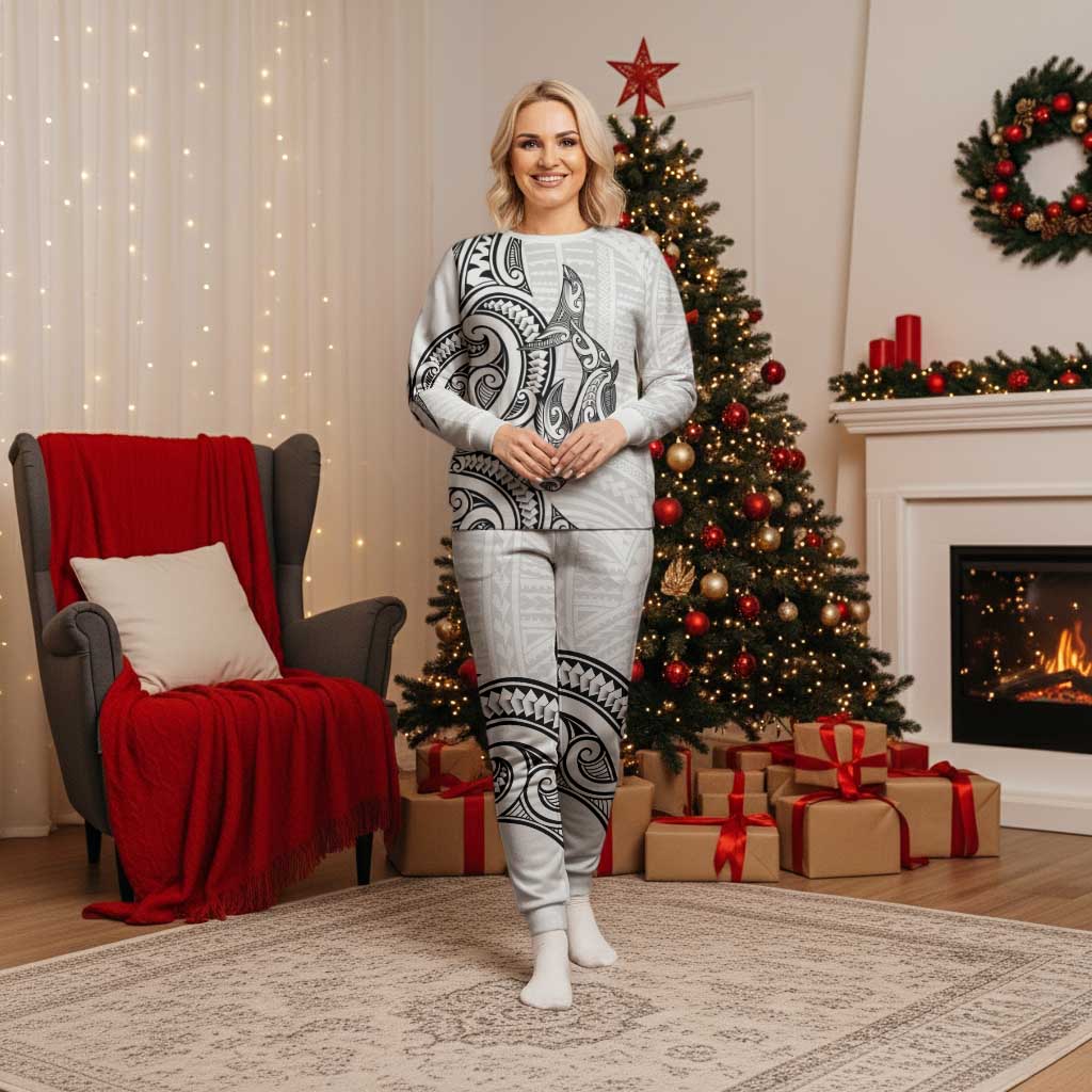 New Zealand Hammerhead Shark Christmas Pajama Set Maori Haehae Mangopare White - Polynesian Pride