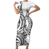 New Zealand Hammerhead Shark Short Sleeve Bodycon Dress Maori Haehae Mangopare White LT14 Long Dress White - Polynesian Pride
