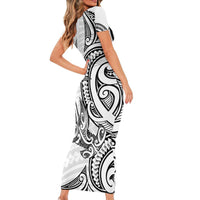 New Zealand Hammerhead Shark Short Sleeve Bodycon Dress Maori Haehae Mangopare White LT14 - Polynesian Pride