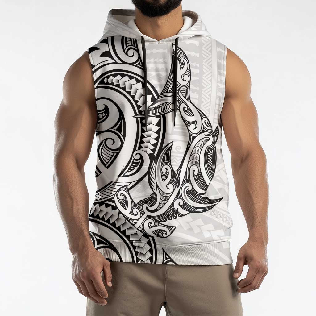New Zealand Hammerhead Shark Sleeveless Hoodie Maori Haehae Mangopare White LT14 - Polynesian Pride