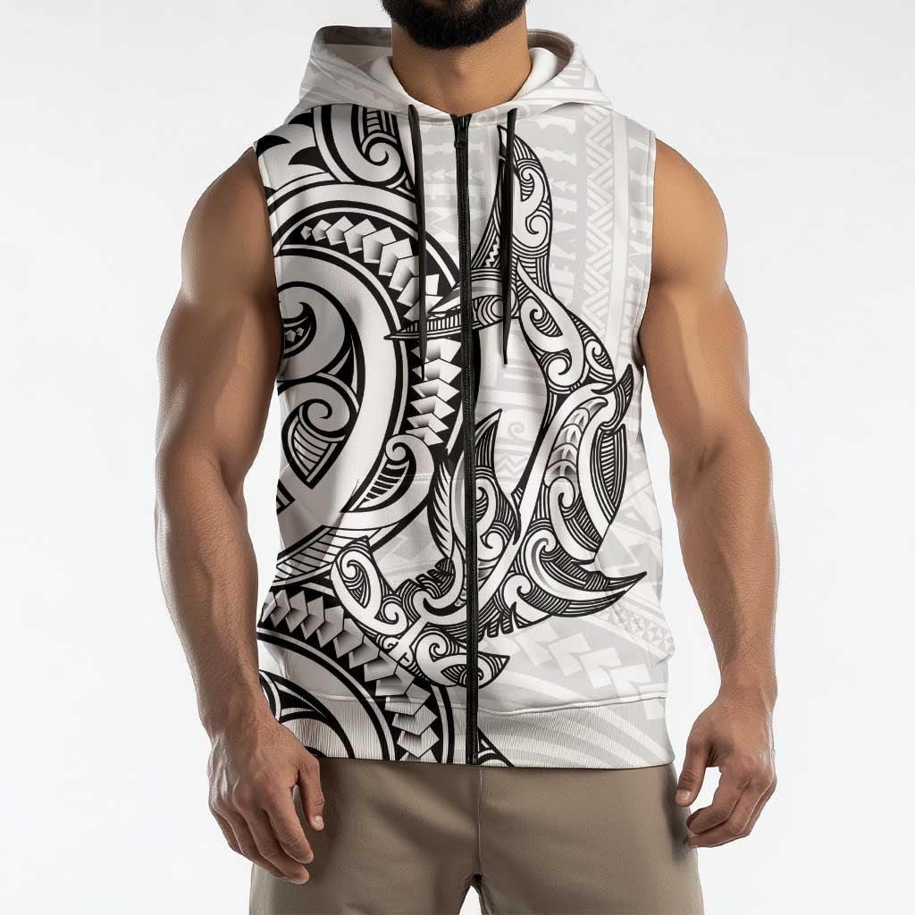 New Zealand Hammerhead Shark Sleeveless Zip Hoodie Maori Haehae Mangopare White LT14 - Polynesian Pride