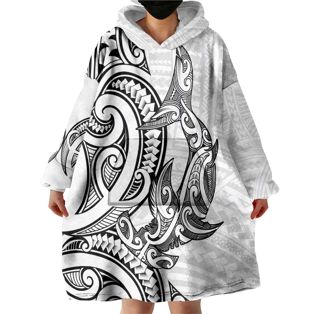 New Zealand Hammerhead Shark Wearable Blanket Hoodie Maori Haehae Mangopare White LT14 - Polynesian Pride