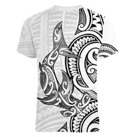 New Zealand Hammerhead Shark Women V-Neck T-Shirt Maori Haehae Mangopare White LT14 - Polynesian Pride