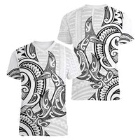 New Zealand Hammerhead Shark Women V-Neck T-Shirt Maori Haehae Mangopare White LT14 - Polynesian Pride