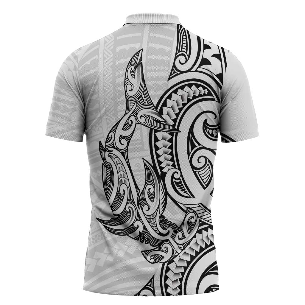 New Zealand Hammerhead Shark Zipper Polo Shirt Maori Haehae Mangopare White LT14 - Polynesian Pride