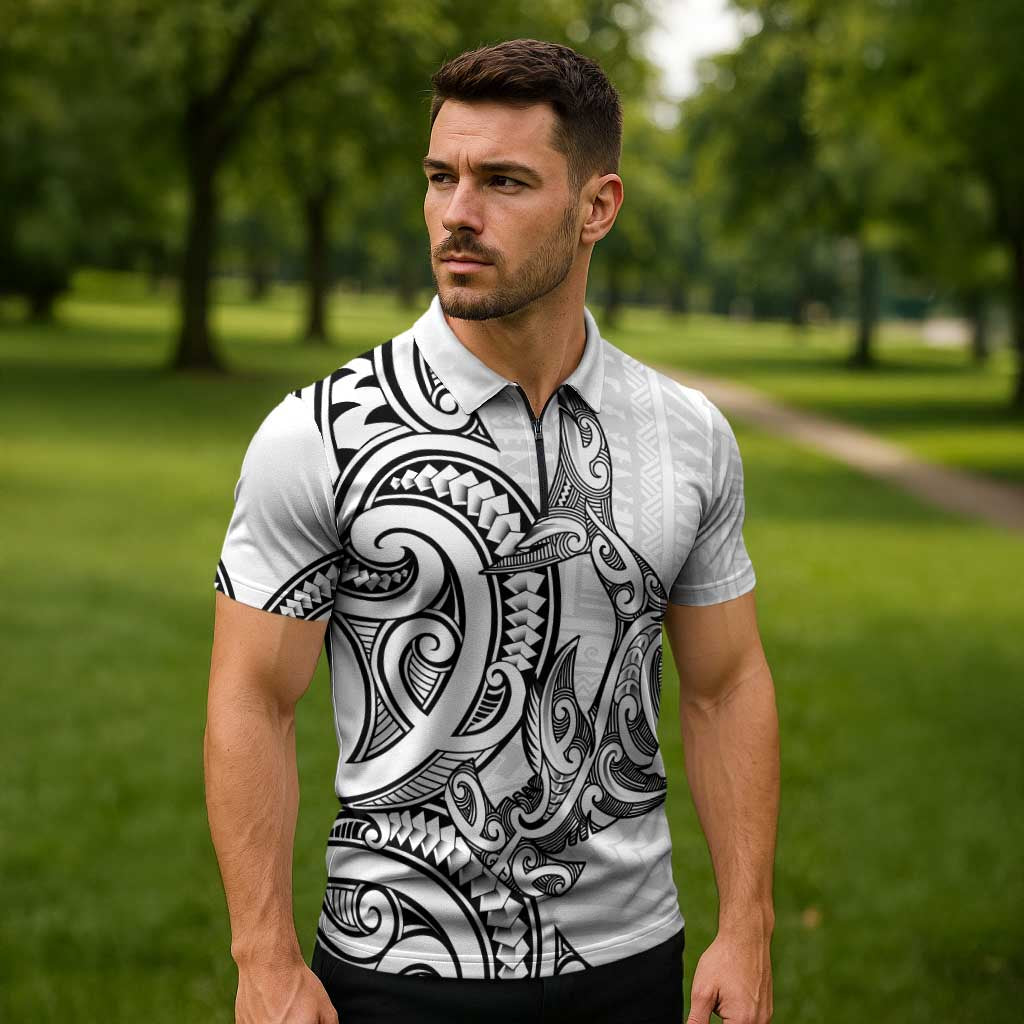 New Zealand Hammerhead Shark Zipper Polo Shirt Maori Haehae Mangopare White LT14 - Polynesian Pride