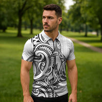 New Zealand Hammerhead Shark Zipper Polo Shirt Maori Haehae Mangopare White LT14 - Polynesian Pride