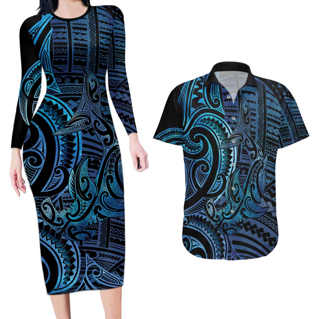 New Zealand Hammerhead Shark Couples Matching Long Sleeve Bodycon Dress and Hawaiian Shirt Maori Haehae Mangopare Galaxy LT14 Blue - Polynesian Pride