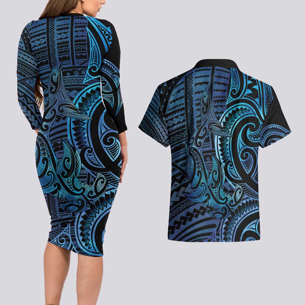 New Zealand Hammerhead Shark Couples Matching Long Sleeve Bodycon Dress and Hawaiian Shirt Maori Haehae Mangopare Galaxy LT14 - Polynesian Pride