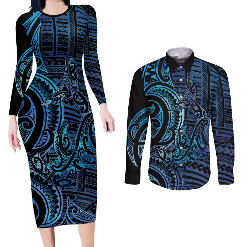 New Zealand Hammerhead Shark Couples Matching Long Sleeve Bodycon Dress and Long Sleeve Button Shirt Maori Haehae Mangopare Galaxy LT14 Blue - Polynesian Pride