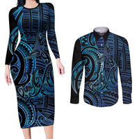 New Zealand Hammerhead Shark Couples Matching Long Sleeve Bodycon Dress and Long Sleeve Button Shirt Maori Haehae Mangopare Galaxy LT14 Blue - Polynesian Pride
