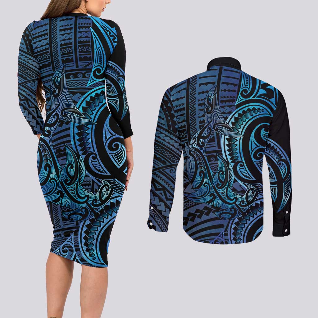 New Zealand Hammerhead Shark Couples Matching Long Sleeve Bodycon Dress and Long Sleeve Button Shirt Maori Haehae Mangopare Galaxy LT14 - Polynesian Pride