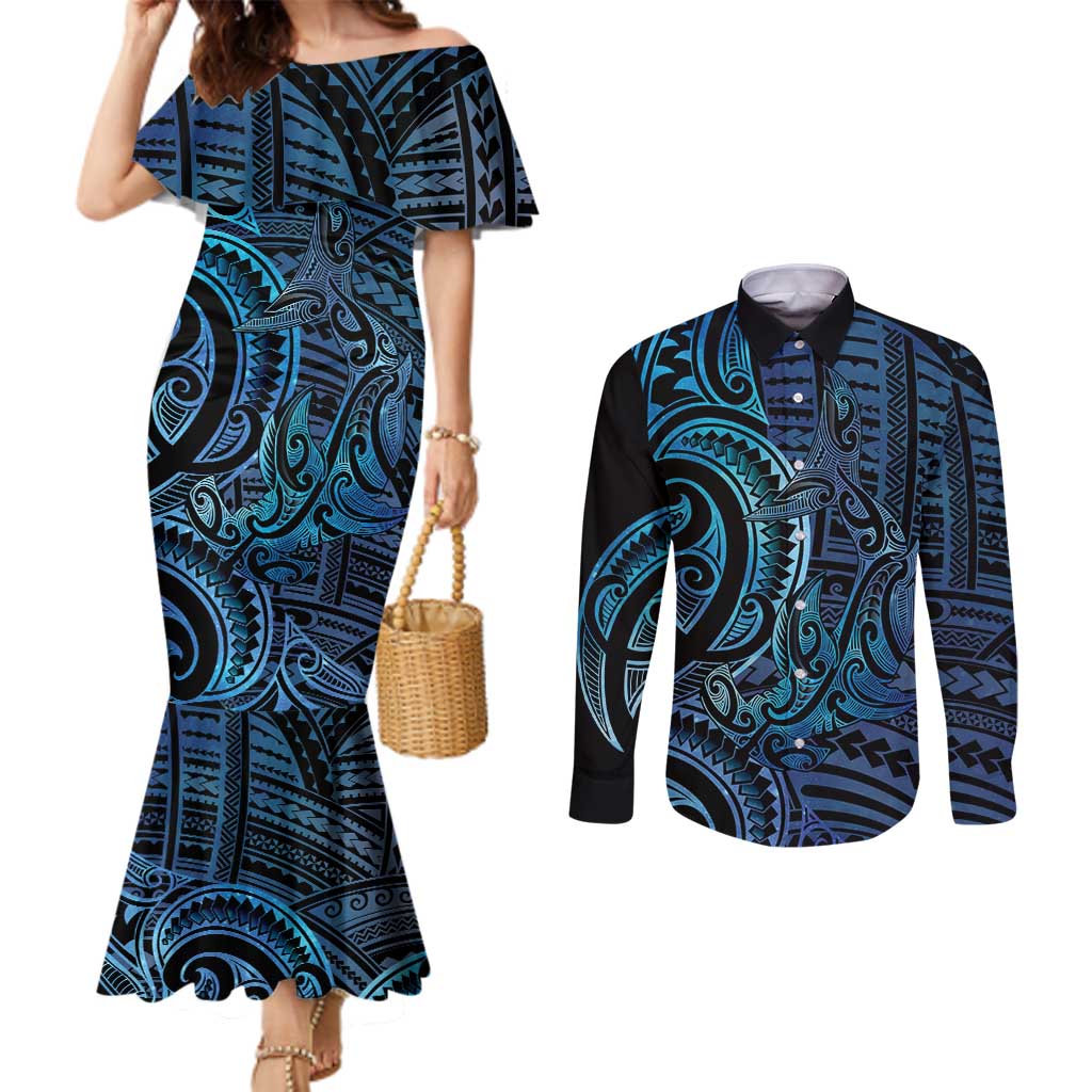 New Zealand Hammerhead Shark Couples Matching Mermaid Dress and Long Sleeve Button Shirt Maori Haehae Mangopare Galaxy LT14 Blue - Polynesian Pride