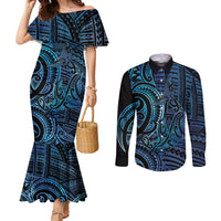 New Zealand Hammerhead Shark Couples Matching Mermaid Dress and Long Sleeve Button Shirt Maori Haehae Mangopare Galaxy LT14 Blue - Polynesian Pride