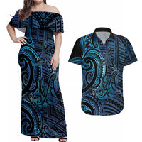New Zealand Hammerhead Shark Couples Matching Off Shoulder Maxi Dress and Hawaiian Shirt Maori Haehae Mangopare Galaxy LT14 Blue - Polynesian Pride