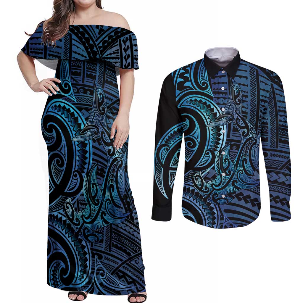 New Zealand Hammerhead Shark Couples Matching Off Shoulder Maxi Dress and Long Sleeve Button Shirt Maori Haehae Mangopare Galaxy LT14 Blue - Polynesian Pride