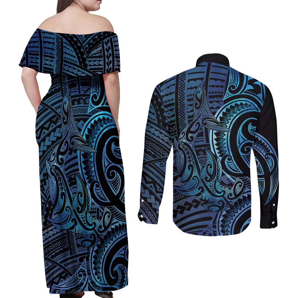 New Zealand Hammerhead Shark Couples Matching Off Shoulder Maxi Dress and Long Sleeve Button Shirt Maori Haehae Mangopare Galaxy LT14 - Polynesian Pride