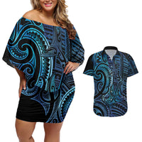 New Zealand Hammerhead Shark Couples Matching Off Shoulder Short Dress and Hawaiian Shirt Maori Haehae Mangopare Galaxy LT14 Blue - Polynesian Pride
