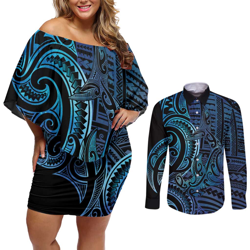 New Zealand Hammerhead Shark Couples Matching Off Shoulder Short Dress and Long Sleeve Button Shirt Maori Haehae Mangopare Galaxy LT14 Blue - Polynesian Pride