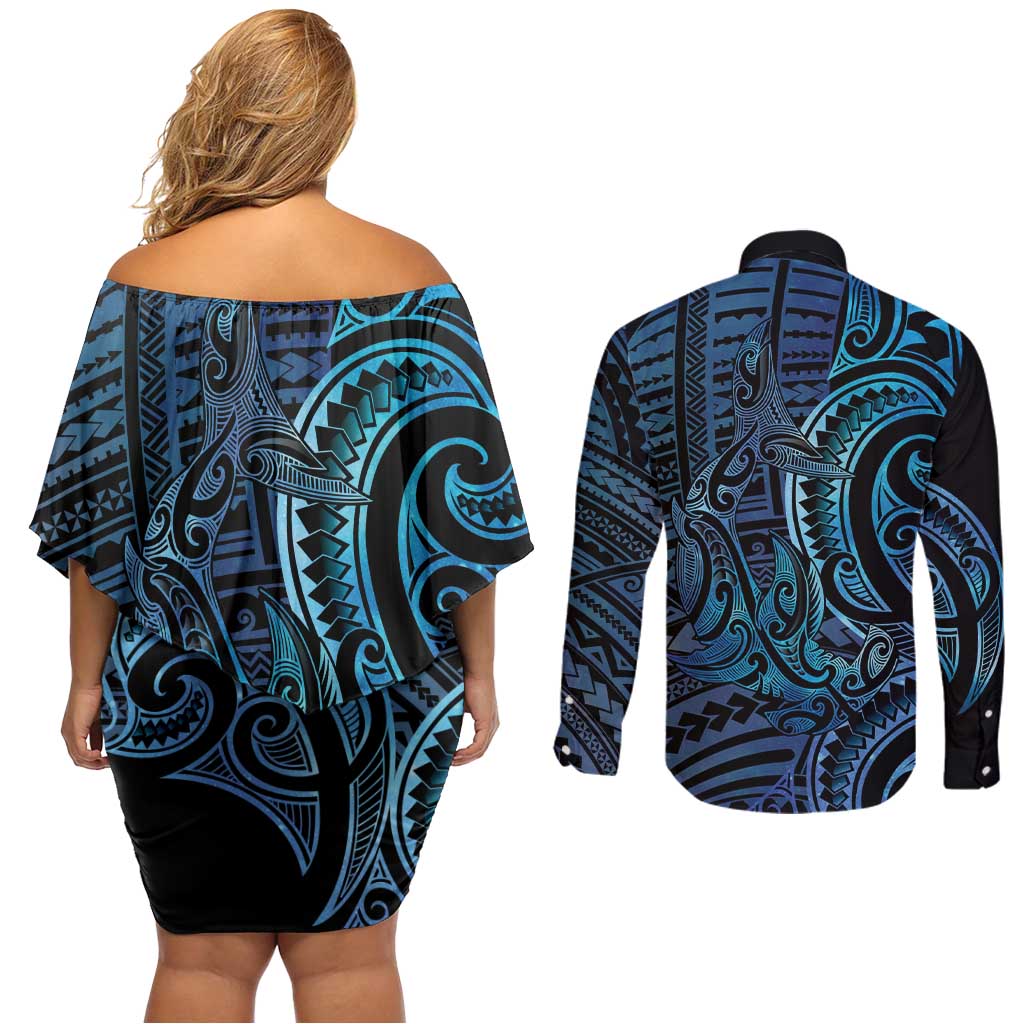 New Zealand Hammerhead Shark Couples Matching Off Shoulder Short Dress and Long Sleeve Button Shirt Maori Haehae Mangopare Galaxy LT14 - Polynesian Pride