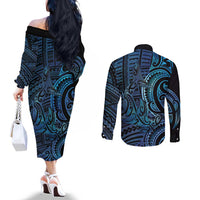 New Zealand Hammerhead Shark Couples Matching Off The Shoulder Long Sleeve Dress and Long Sleeve Button Shirt Maori Haehae Mangopare Galaxy LT14 - Polynesian Pride