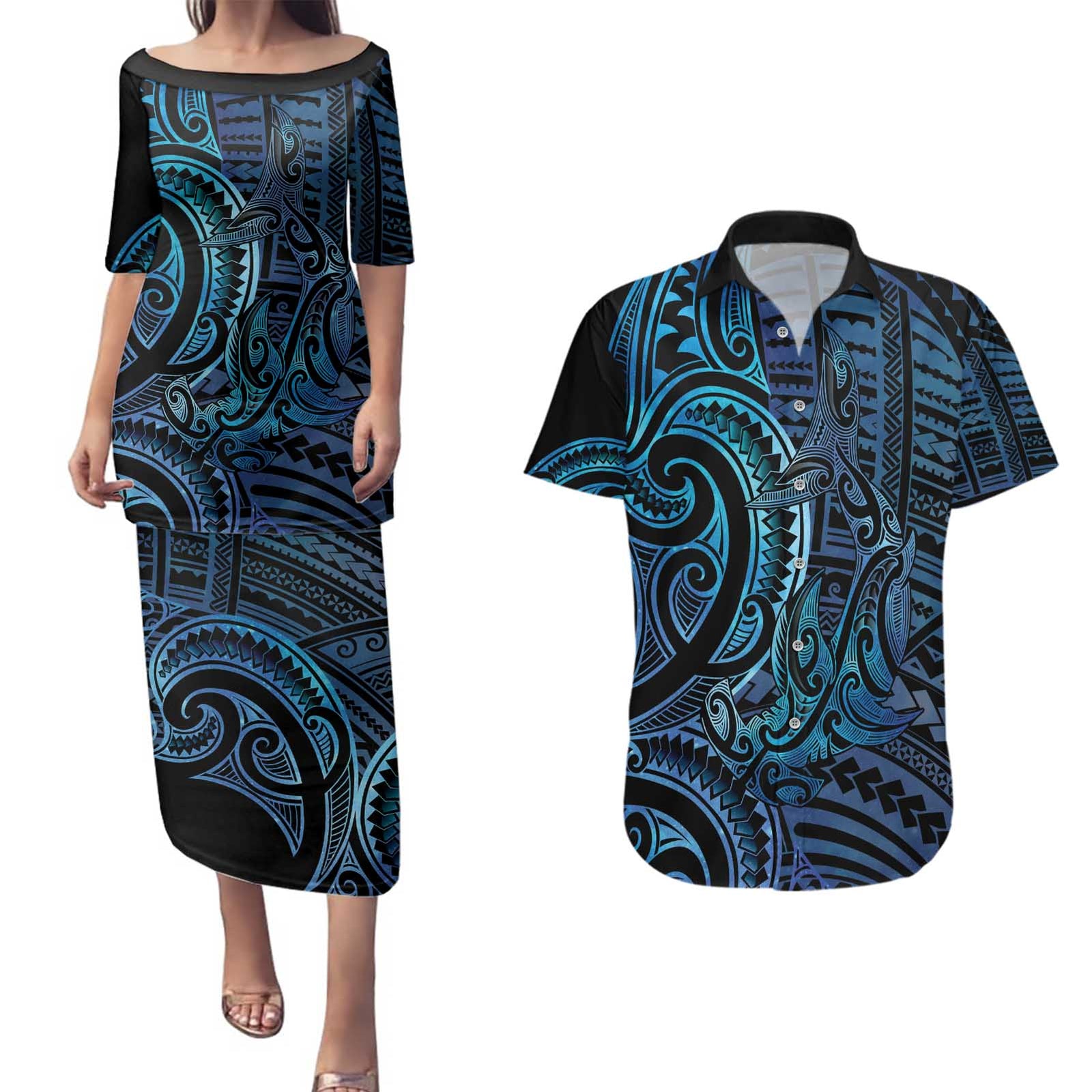 New Zealand Hammerhead Shark Couples Matching Puletasi and Hawaiian Shirt Maori Haehae Mangopare Galaxy - Polynesian Pride