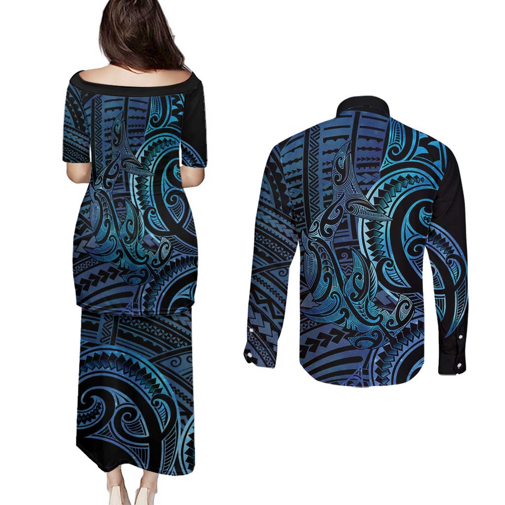 New Zealand Hammerhead Shark Couples Matching Puletasi and Long Sleeve Button Shirt Maori Haehae Mangopare Galaxy LT14 - Polynesian Pride