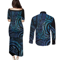 New Zealand Hammerhead Shark Couples Matching Puletasi and Long Sleeve Button Shirt Maori Haehae Mangopare Galaxy LT14 - Polynesian Pride