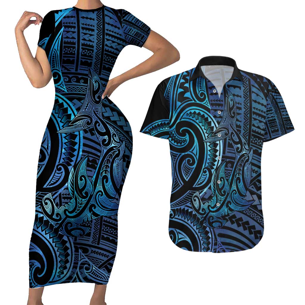 New Zealand Hammerhead Shark Couples Matching Short Sleeve Bodycon Dress and Hawaiian Shirt Maori Haehae Mangopare Galaxy LT14 Blue - Polynesian Pride