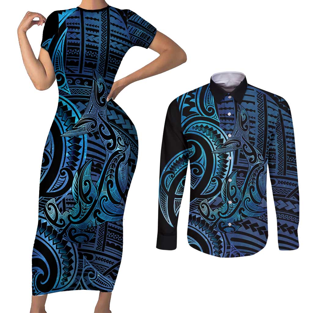 New Zealand Hammerhead Shark Couples Matching Short Sleeve Bodycon Dress and Long Sleeve Button Shirt Maori Haehae Mangopare Galaxy LT14 Blue - Polynesian Pride