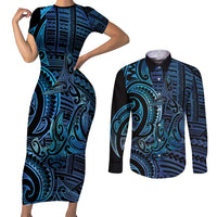 New Zealand Hammerhead Shark Couples Matching Short Sleeve Bodycon Dress and Long Sleeve Button Shirt Maori Haehae Mangopare Galaxy LT14 Blue - Polynesian Pride