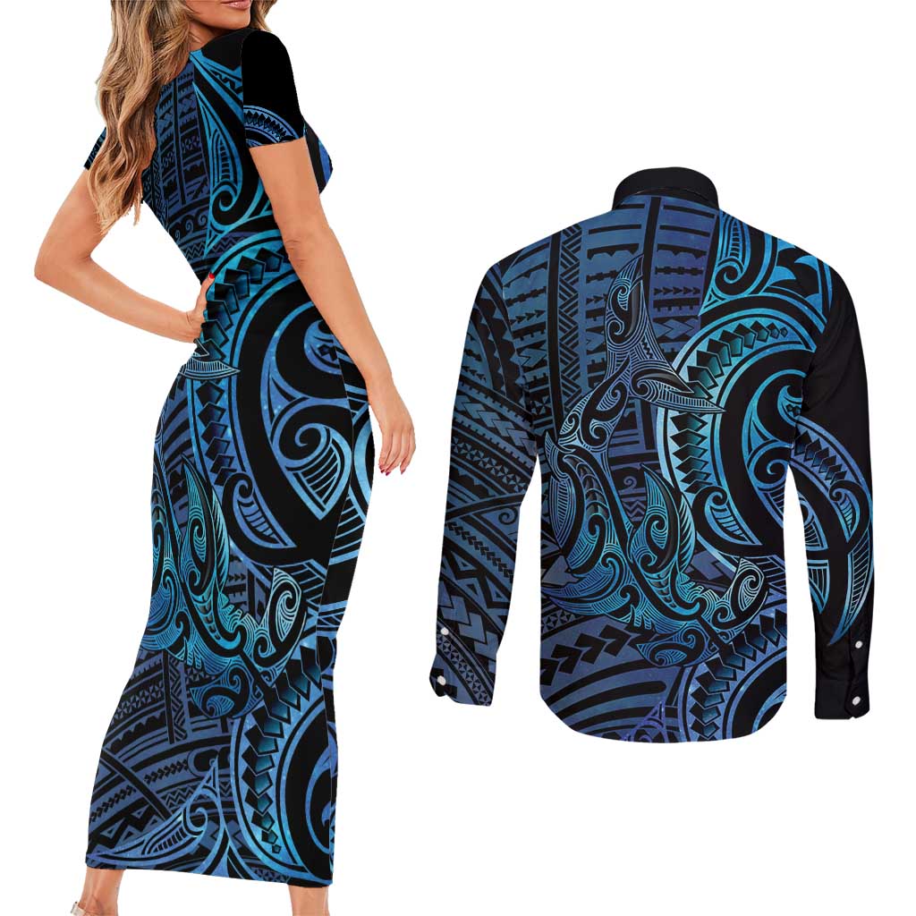 New Zealand Hammerhead Shark Couples Matching Short Sleeve Bodycon Dress and Long Sleeve Button Shirt Maori Haehae Mangopare Galaxy LT14 - Polynesian Pride