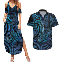 New Zealand Hammerhead Shark Couples Matching Summer Maxi Dress and Hawaiian Shirt Maori Haehae Mangopare Galaxy LT14 Blue - Polynesian Pride