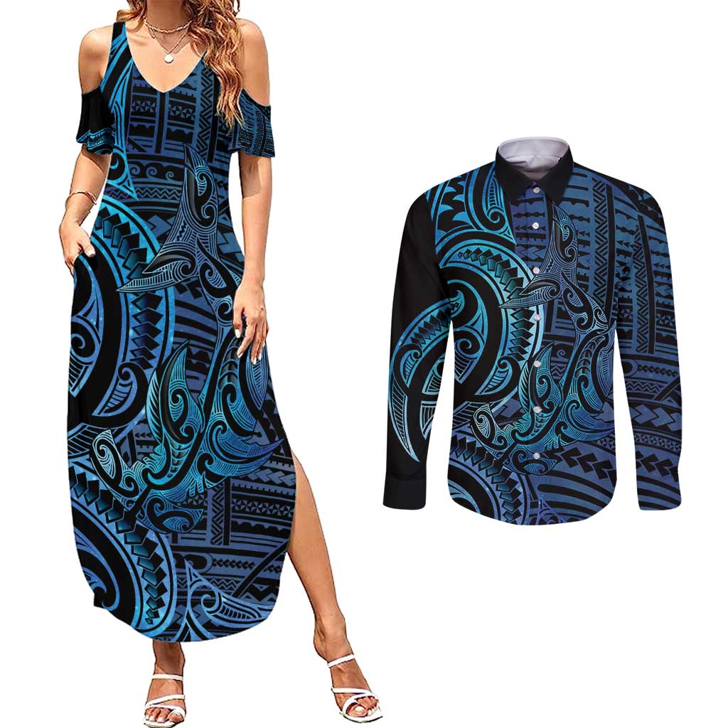 New Zealand Hammerhead Shark Couples Matching Summer Maxi Dress and Long Sleeve Button Shirt Maori Haehae Mangopare Galaxy LT14 Blue - Polynesian Pride
